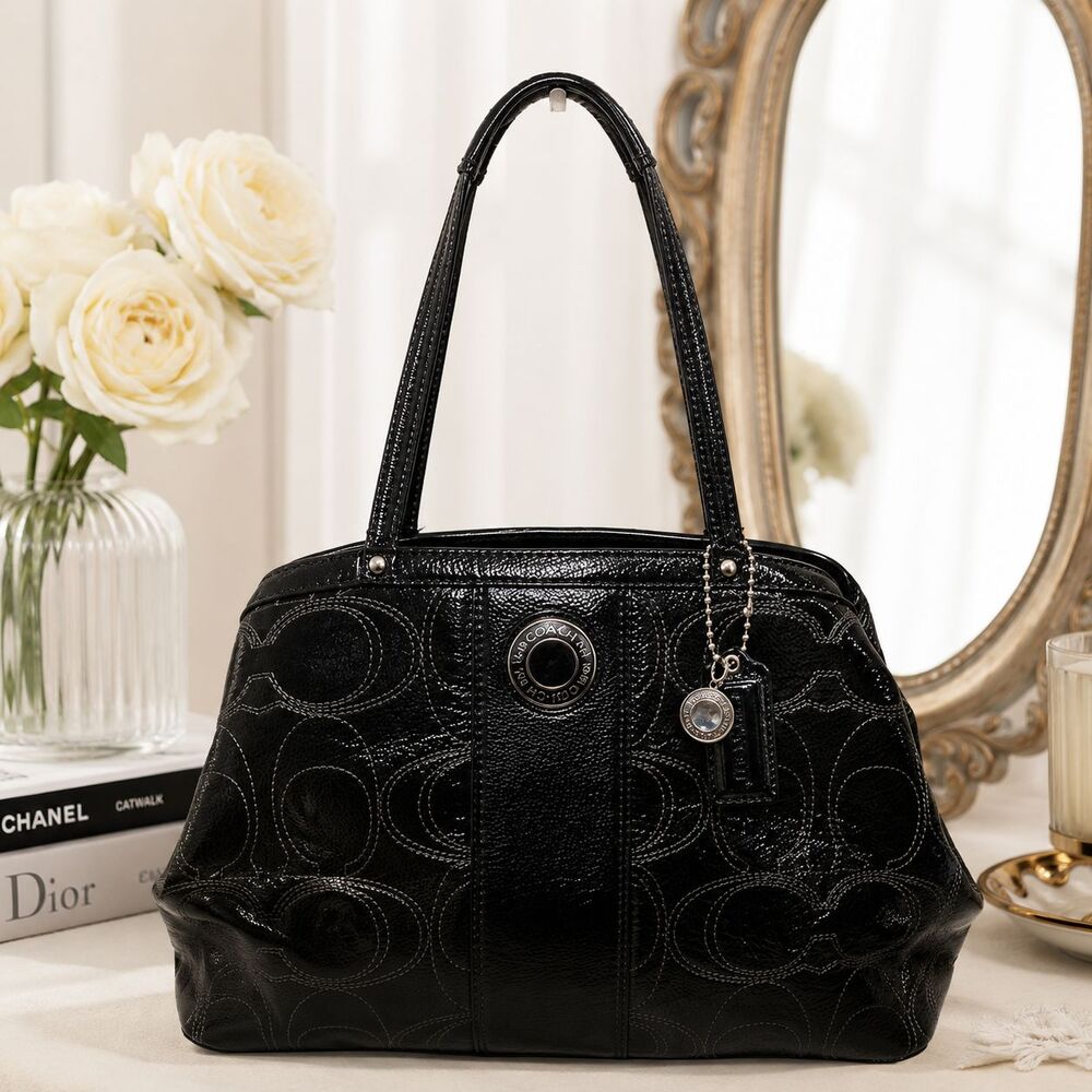 Coach F19215 Black Patent Signature Kiss Lock Carryall Shoulder Bag Y2K